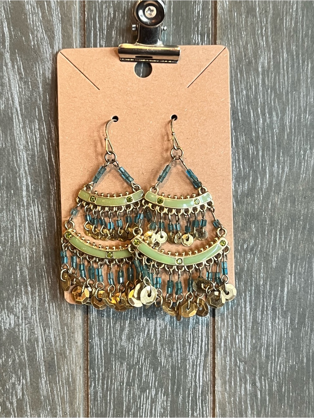 Vintage Gold and Teal Beaded Fringe Chandelier Earrings